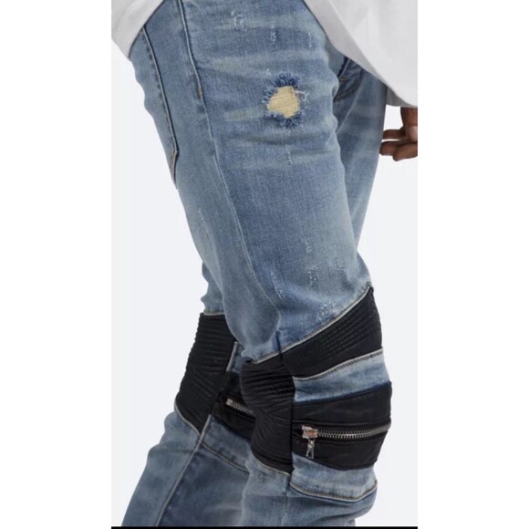 MNML Men’s Moto Biker Distressed Leather Knee Skinny Jeans Size 29x33 - Picture 10 of 15